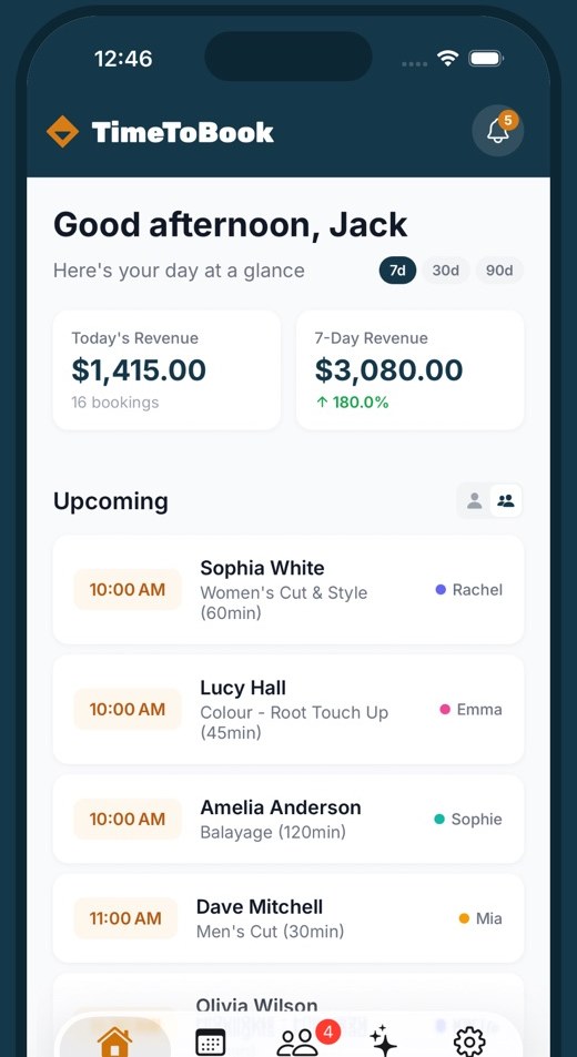 TimeToBook app home screen showing today's revenue and upcoming bookings