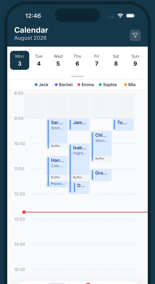 TimeToBook app calendar showing the whole team's day