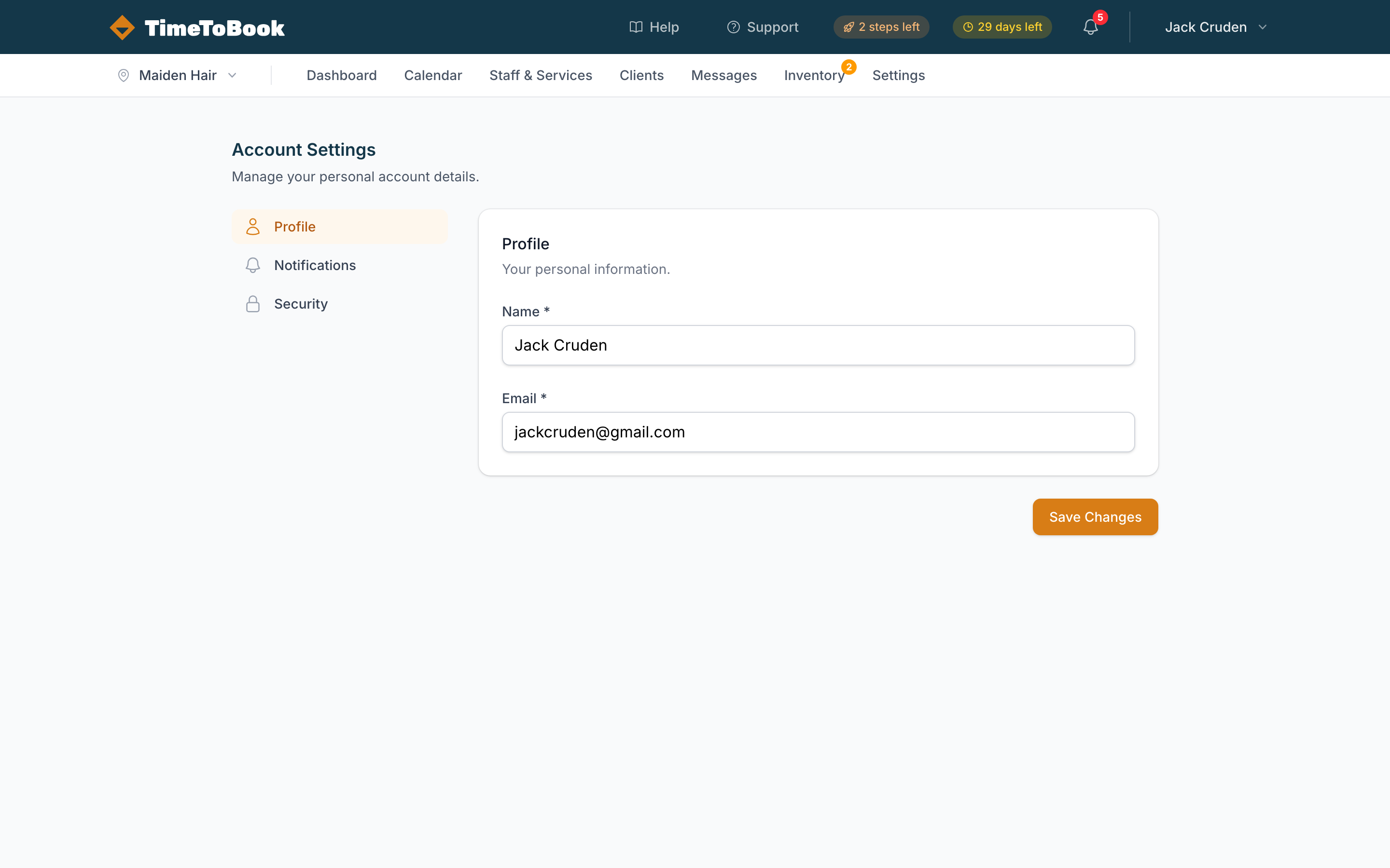 The account page with Profile, Notifications, and Security sections