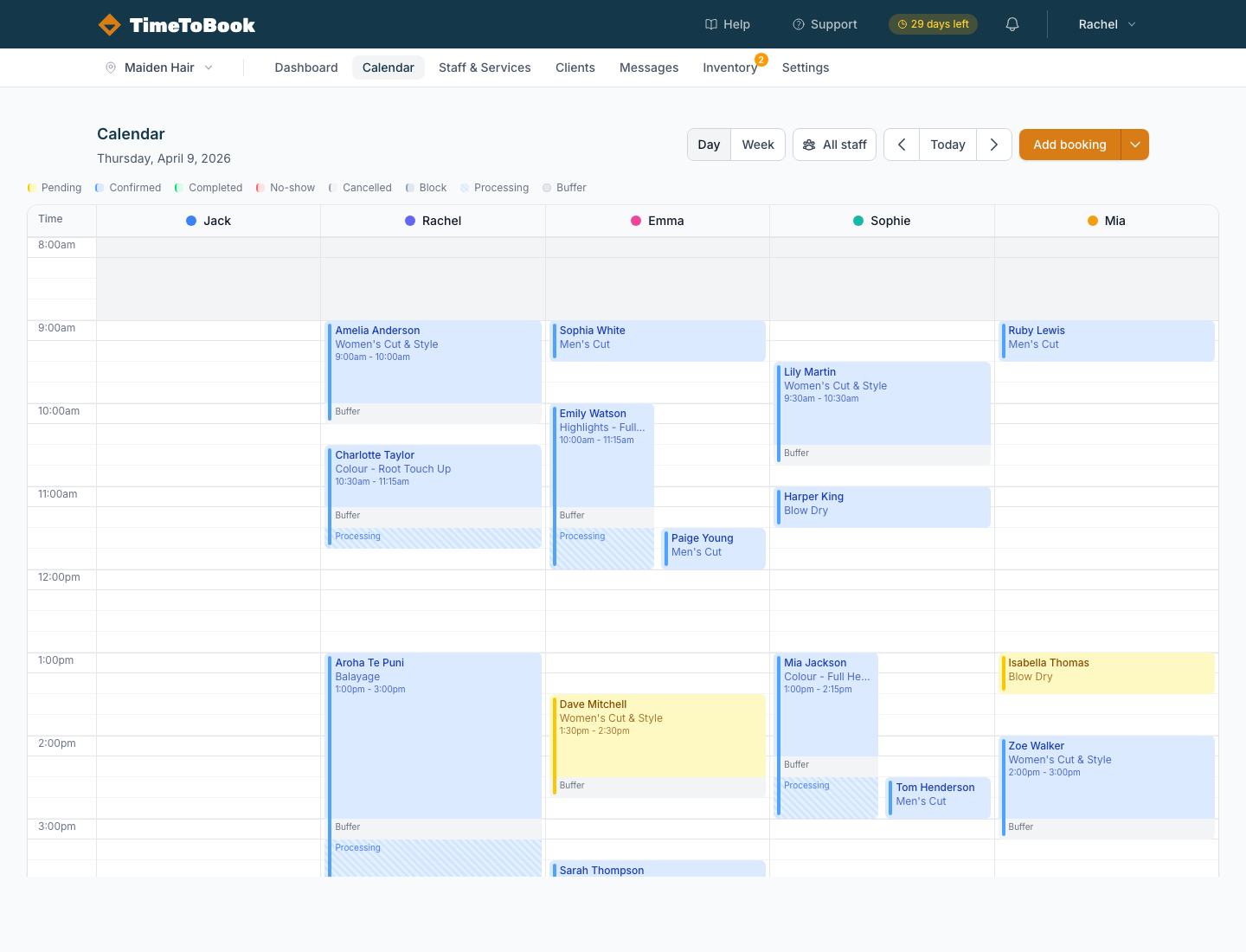 Day view of the calendar showing appointments across time slots