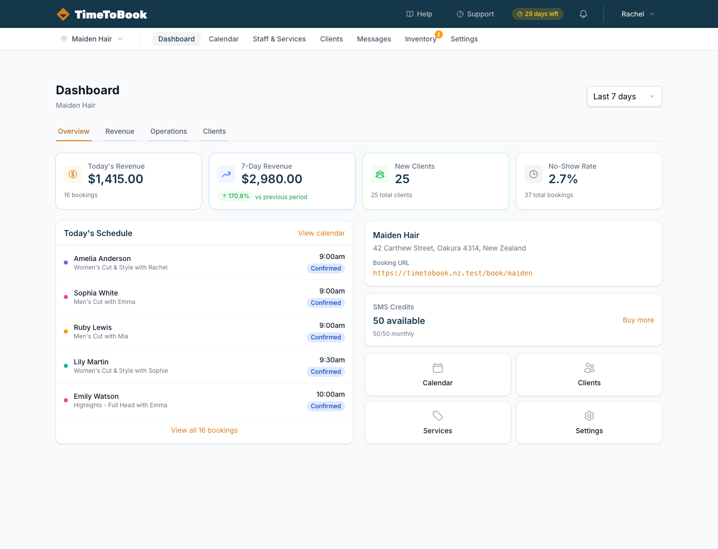 The TimeToBook dashboard showing today's revenue, upcoming bookings, and your booking URL