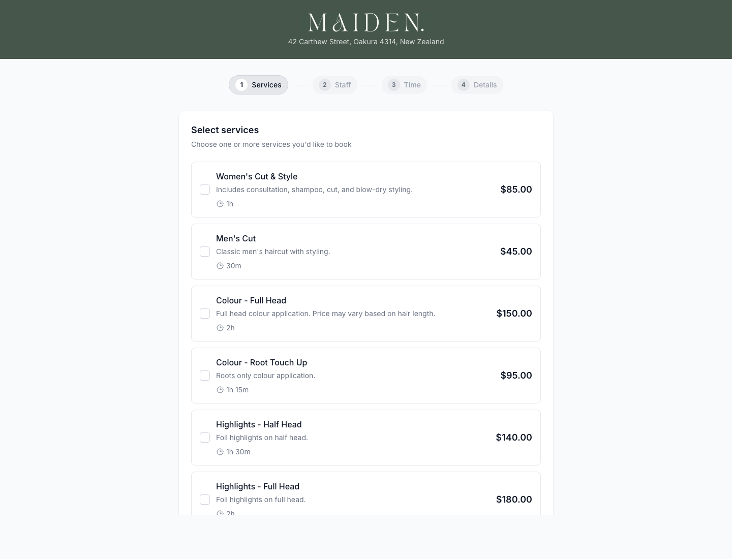 The public booking page showing step 1 — select services, with prices and durations
