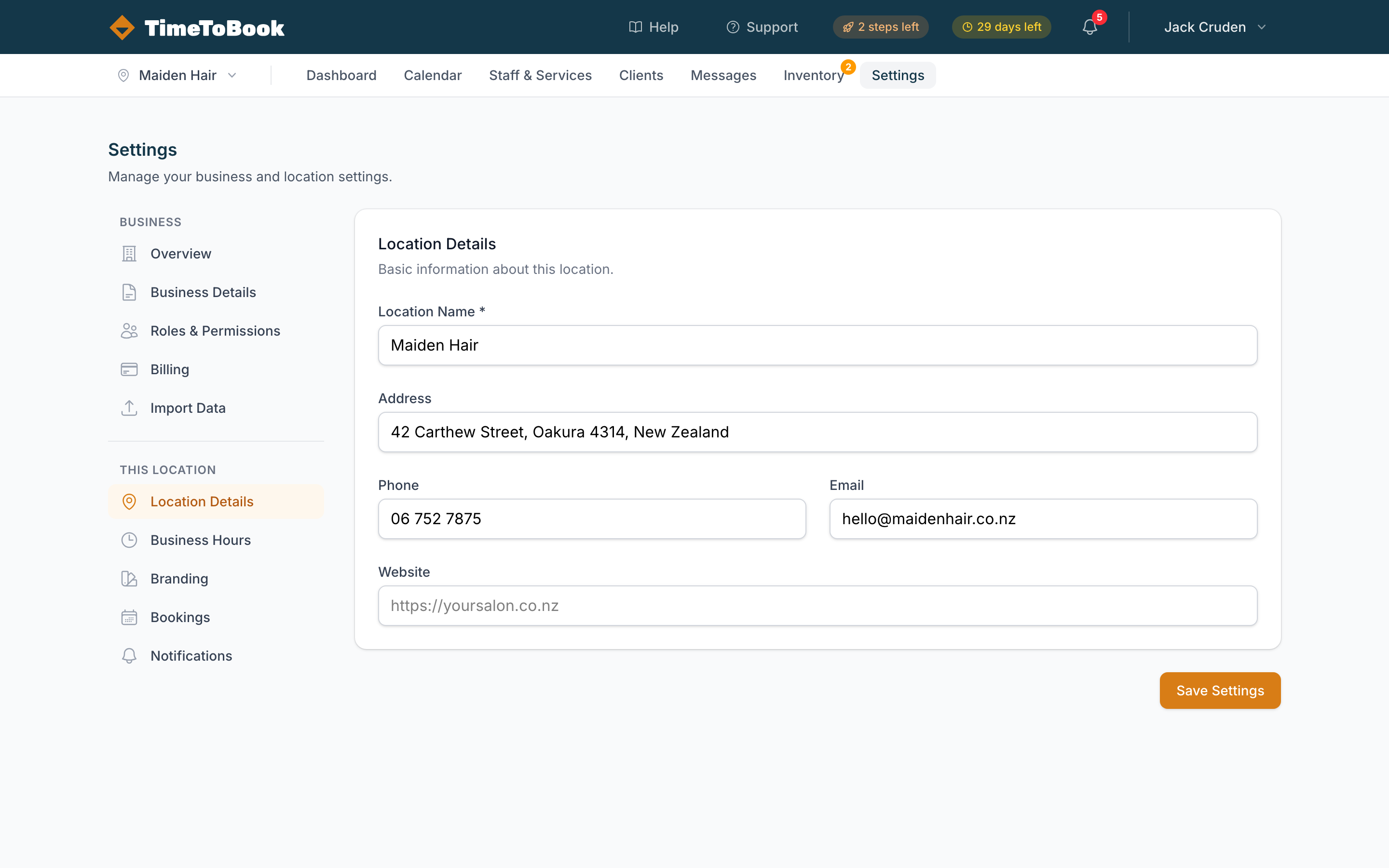 The Settings page showing Location Details under "This Location"