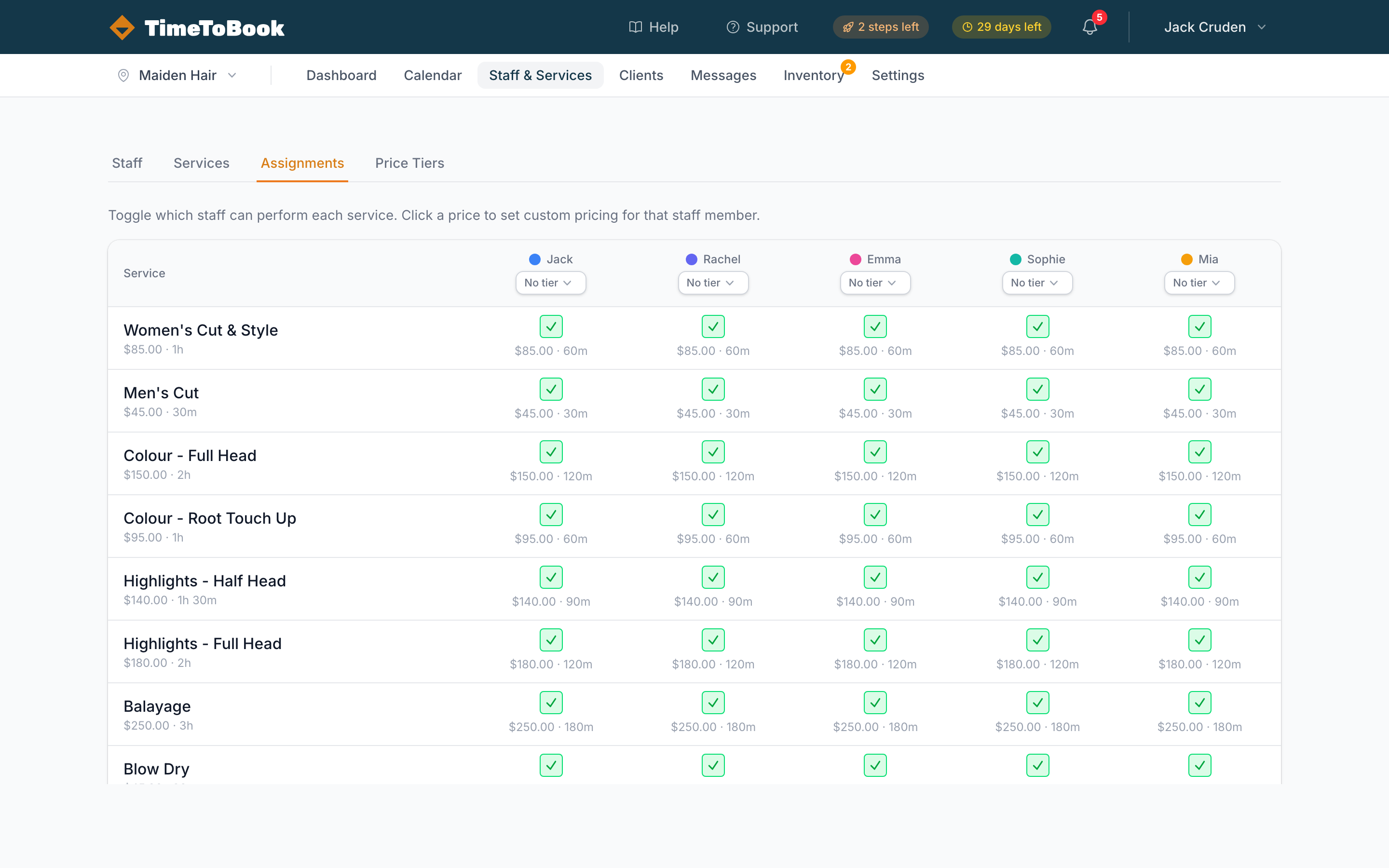 The Assignments matrix showing services down the rows and staff across the columns, with toggle cells