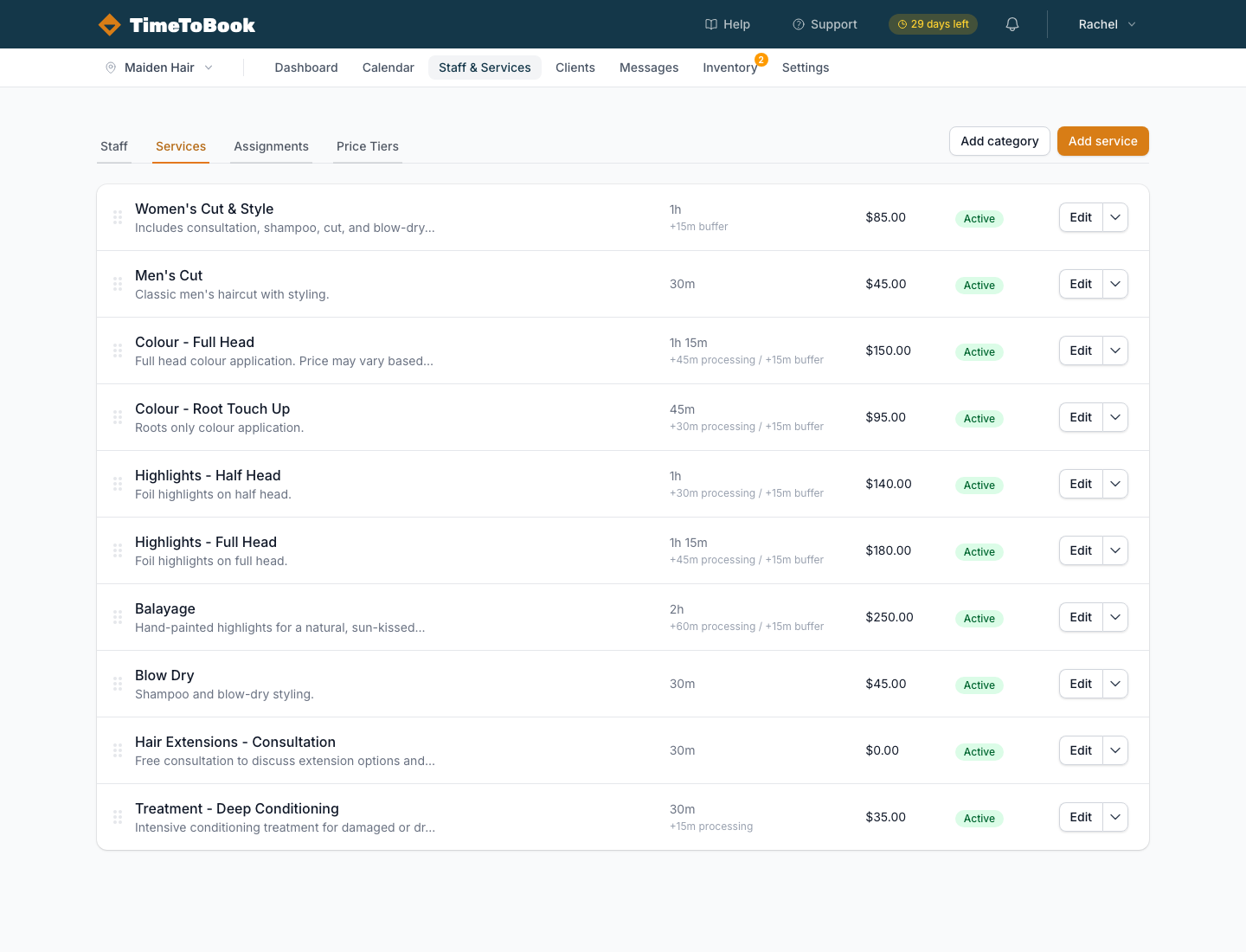 The Services tab showing a list of services with durations, prices, and active status