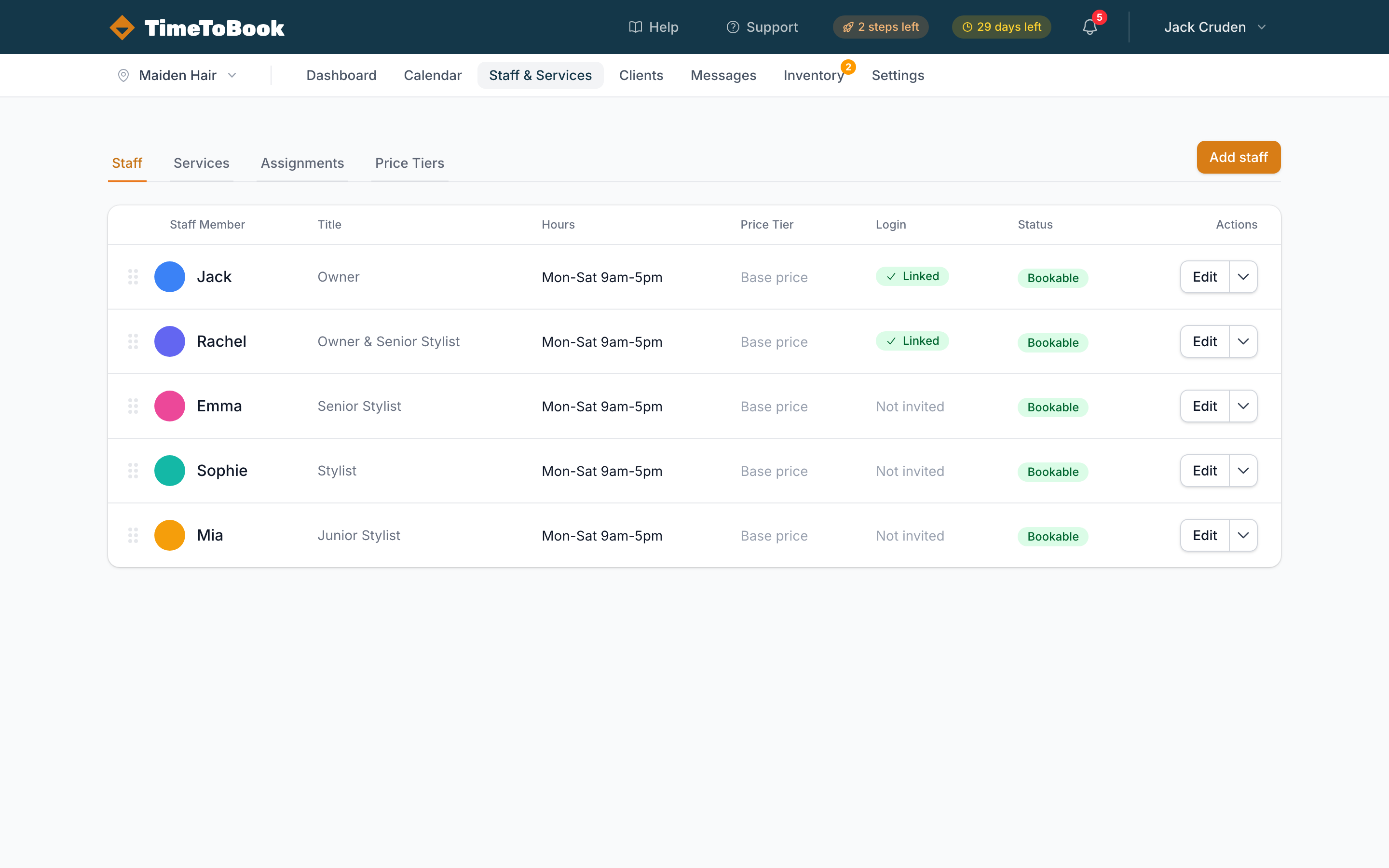 Staff list showing one active staff member